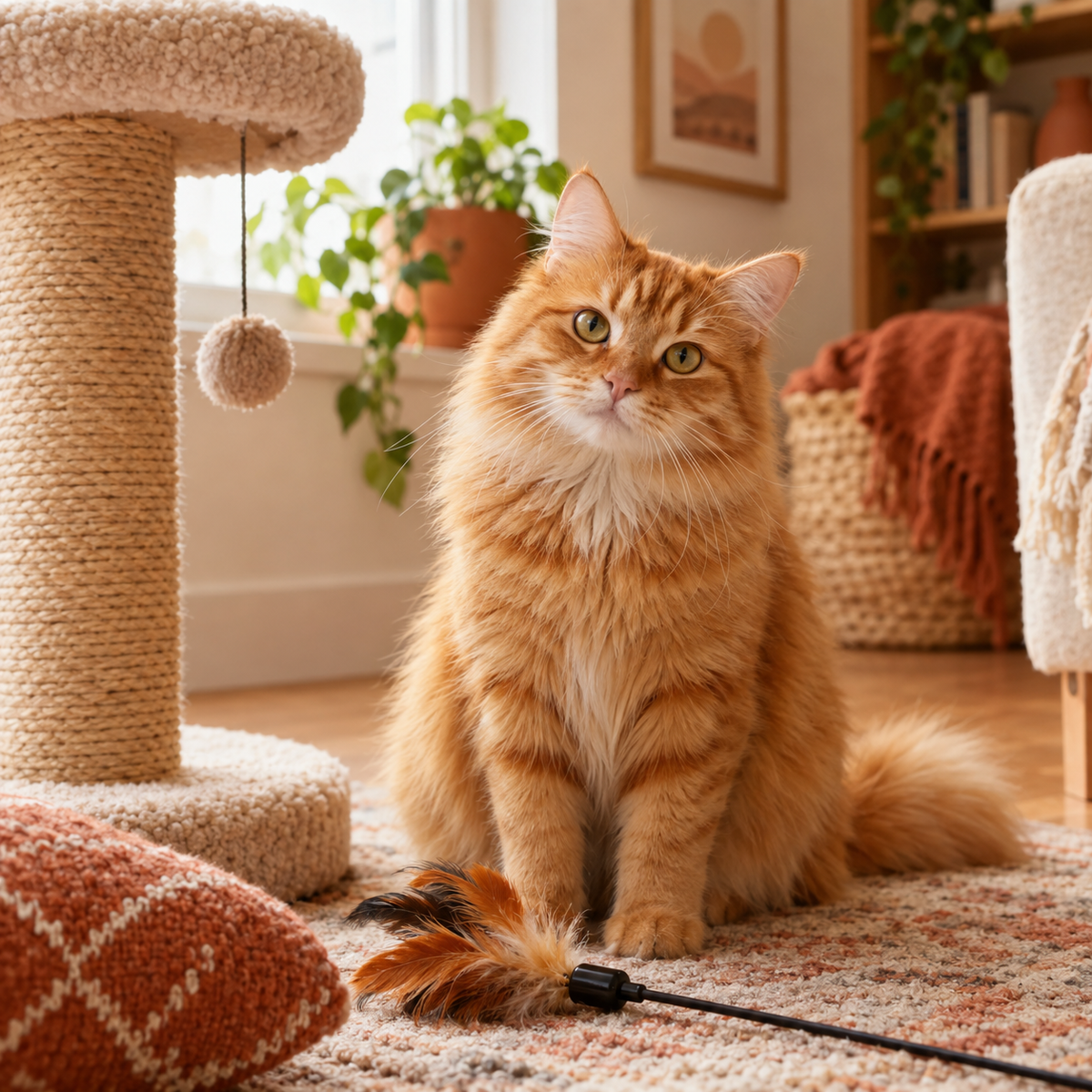 Fluffy orange cat with a scratching post and feather toy