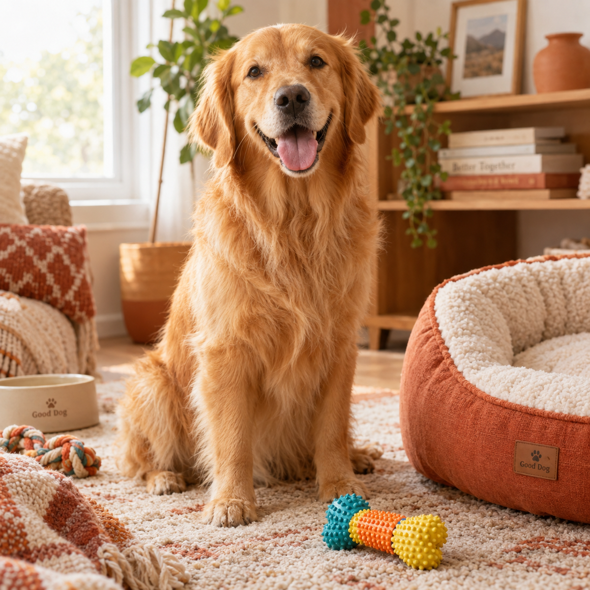 Golden retriever with dog toys and a plush bed