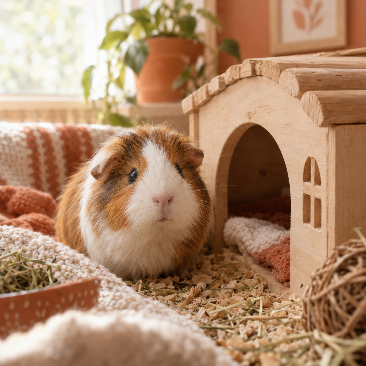 Guinea pig next to a small wood hideout house