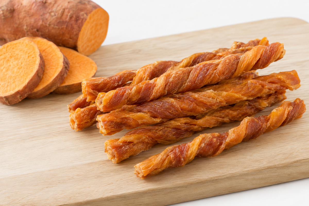Sweet potato and salmon dental chews for dogs