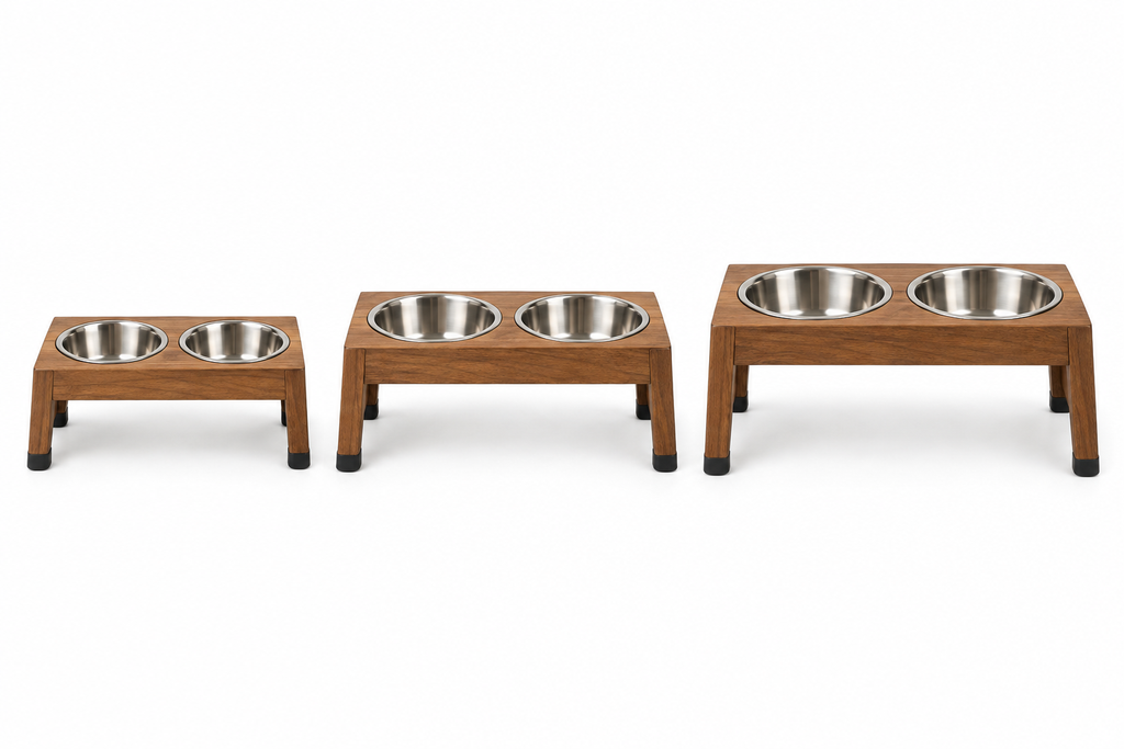 Elevated pet feeding bowl stand in three sizes