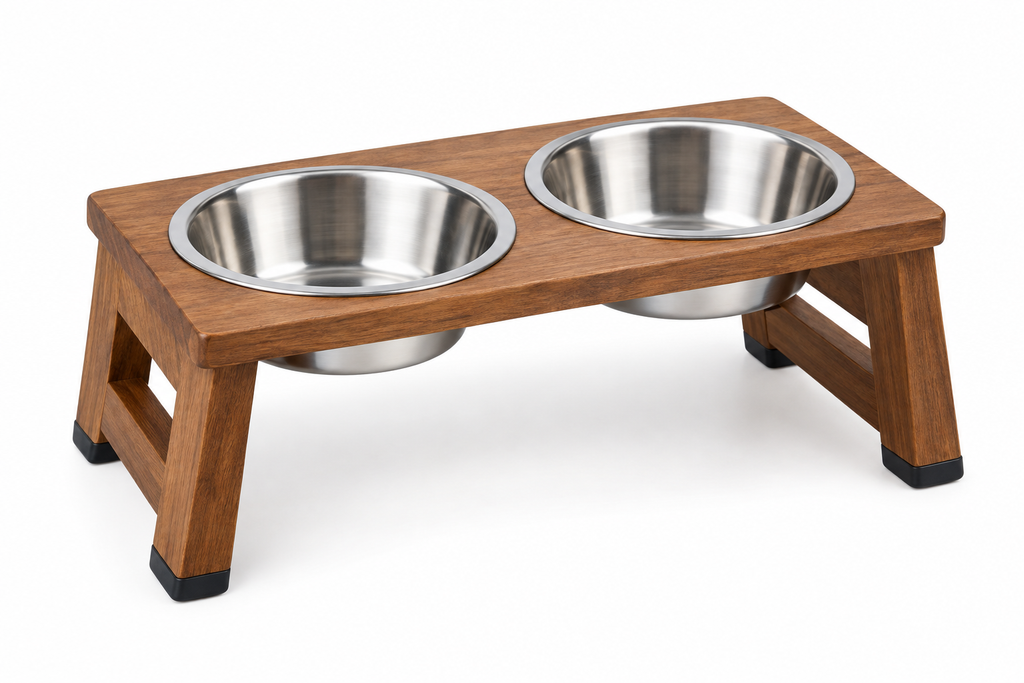 Close-up of elevated pet feeding bowl stand