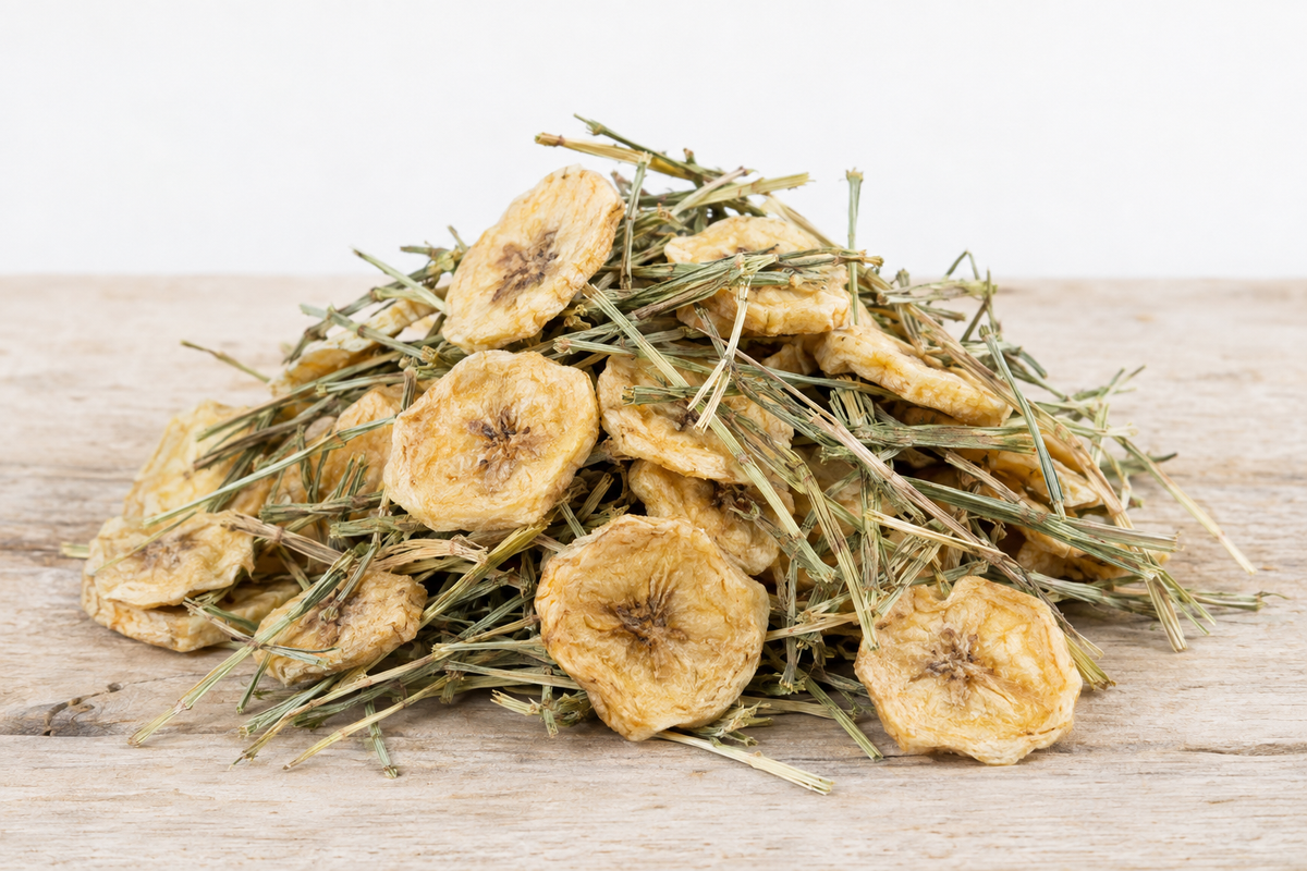 Timothy hay and banana chip treats for small pets